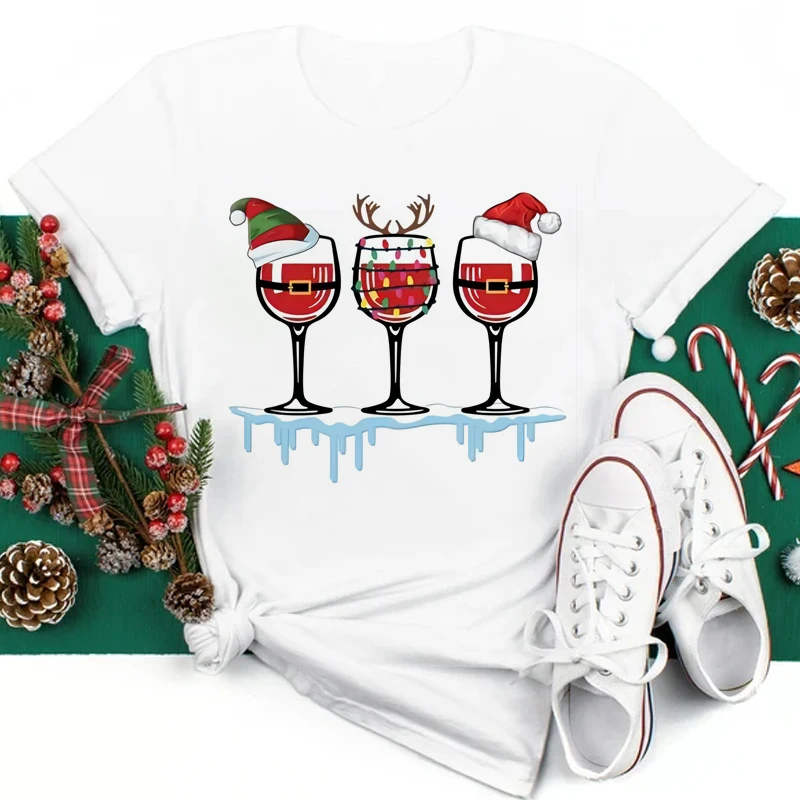 Bicchiere da vino Cappello natalizio Donna T-sh Fashion Lady Holiday Buon Natale Capodanno Top Cartoon Sh Donna Nero965_voghion.com