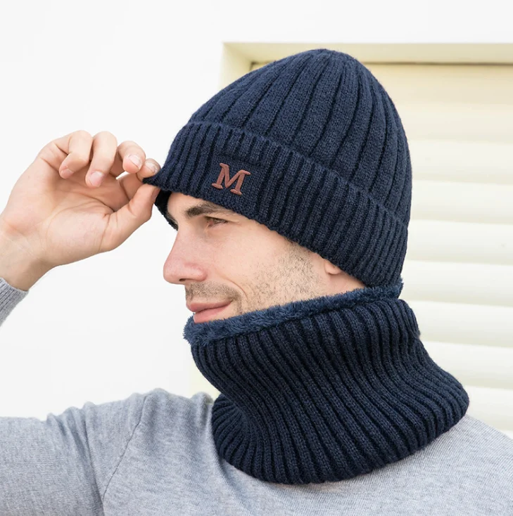 Зимняя вязаная шапка, шарф, набор для мужчин, теплая утолщенная флисовая вязаная шапочка, набор шарфов, одноцветная вязаная ветрозащитная Лыжная шапка, шарф-кольцо