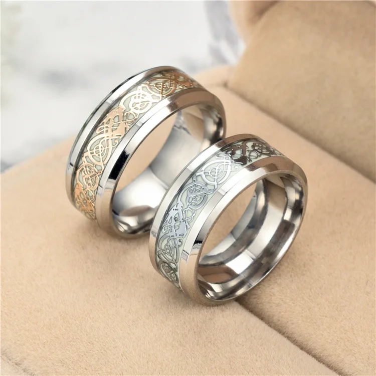 Luminous Plated silver Ring Dark Golden Dragon Inlay Green Background ...