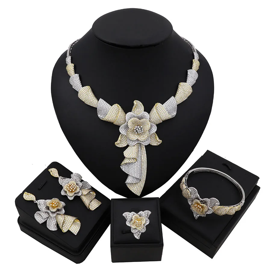 

TSROUND CZ Flower Necklace Earrings Bangle Ring Set for Women African Dubai Bridal Wedding Jewelry Set Banquet