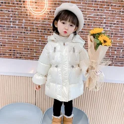 Inverno moda quente algodão acolchoado criança casaco longo grosso bebê meninas brilhantes jaquetas crianças roupas outerwear 1 8 anos de idade