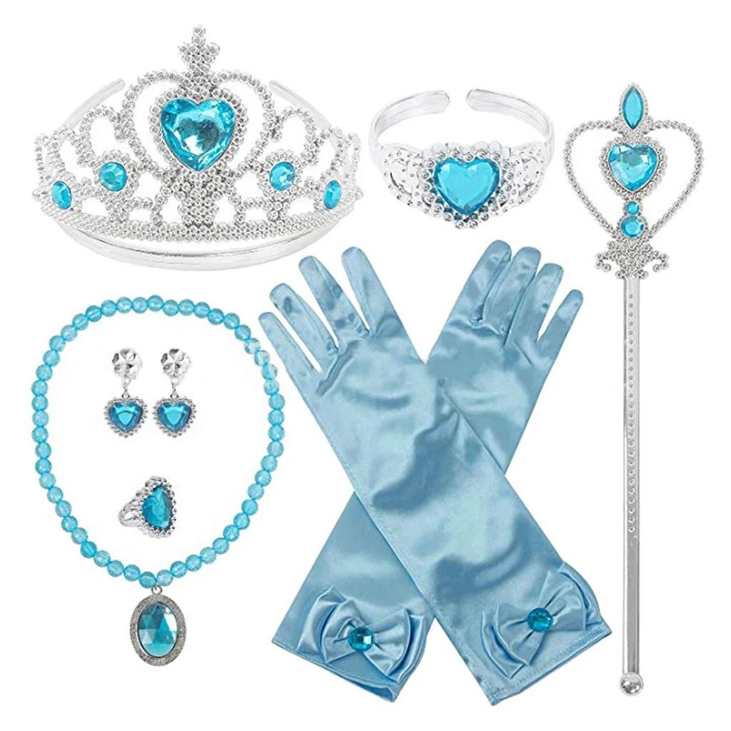 Accessories-9PCS Платье принцессы Эльзы для девочек; вечерние костюмы для выступлений; платье Снежной Королевы; нарядное платье для костюмированной вечеринки; одежда для дня рождения с синими блестками - Цвет: Accessories-9PCS
