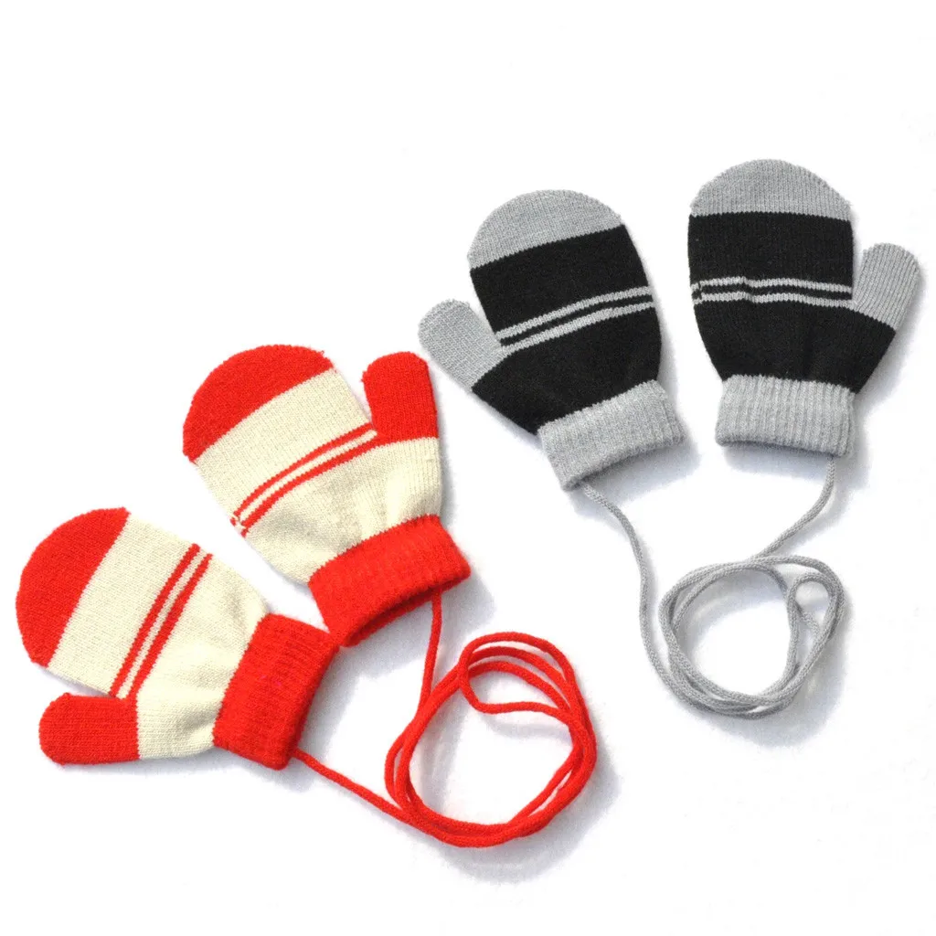 Hot Sale Cute Children Gloves Winter Warm Handschoenen Multicolor Striped Knitted Cute Rekawiczki With String Gloves#C11