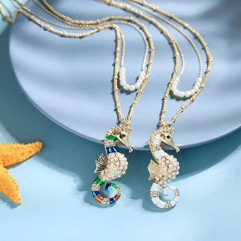 

Summer Ocean Style Women 2020 New Fashion Jewelry Set Crystal Enamel Acrylic Pearl Cute Sea Horse Brooches Pendant Necklace