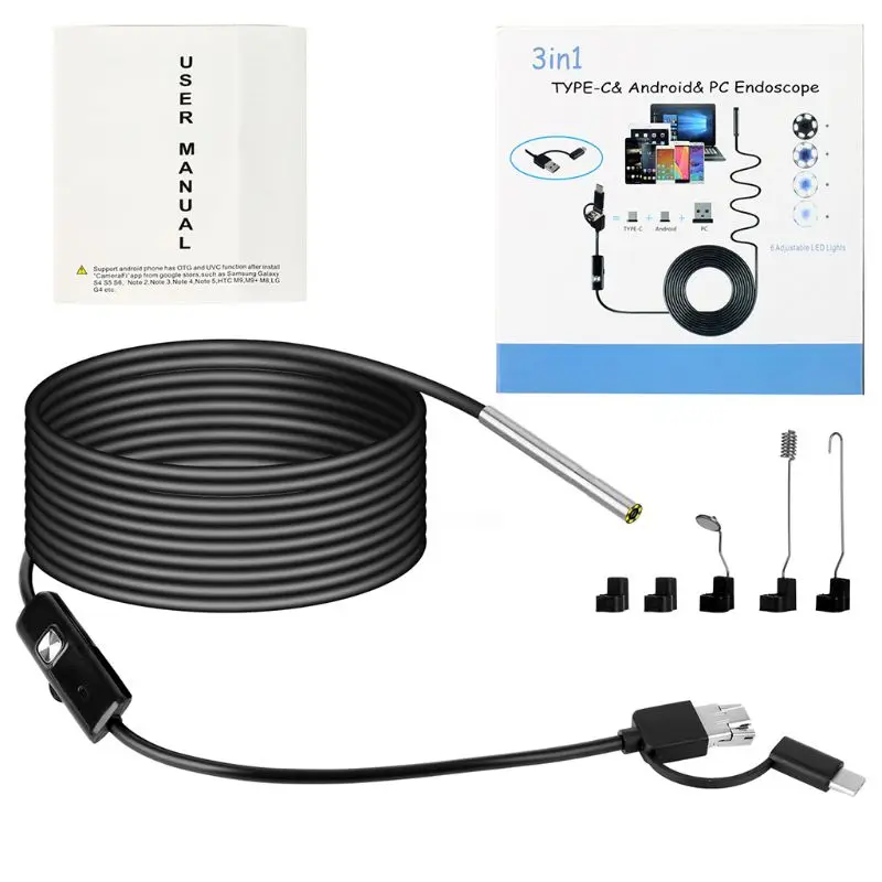 

1Set 3IN1 Industrial Endoscope Camera 3.9MM Mini Waterproof USB Borescope Inspection Camera for Android OTG Phone PC Kit