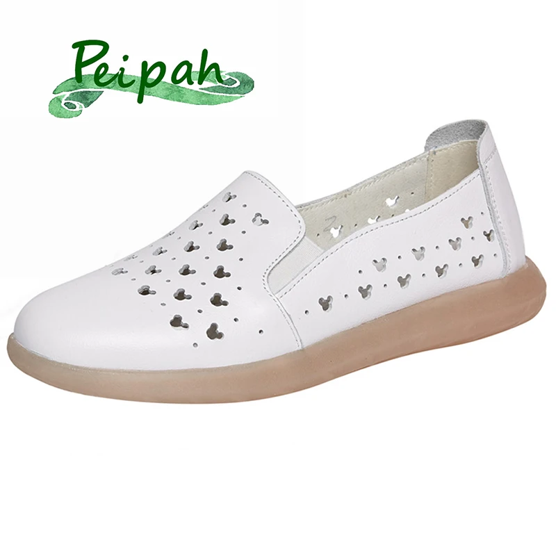 

PEIPAH 2019 Summer New Casua Hollow Genuine Leather Women Flats Shoes Solid Zapatillas Mujer Soft Leather Femme Shallow Shoes