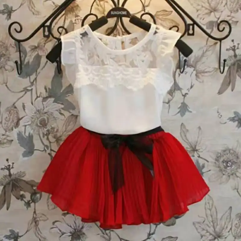 Chiffon Girls Clothing Set White Green Red Lace Shirts Tutu Skirt 2pcs Kids Suits for Girl Kids Baby Summer Children Clothes - Цвет: Красный