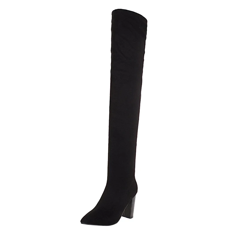 Lecopike Mujer Botas; Сапоги выше колена; обувь из флока с острым носком; женские высокие сапоги на каблуке; высокие сапоги; botte femme; A40 - Цвет: Черный
