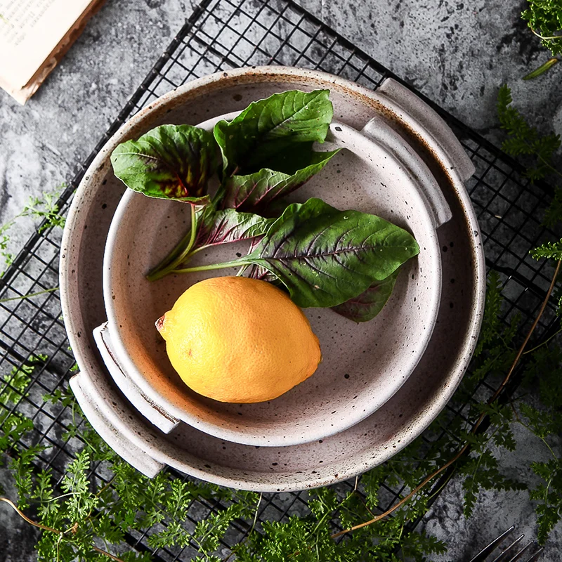 

FANCERTY Snack Platter Fruit Plate Multi-function Baking Pan Hand-made Stoneware Ceramic Plate Serving Dish Restaurant Supplies