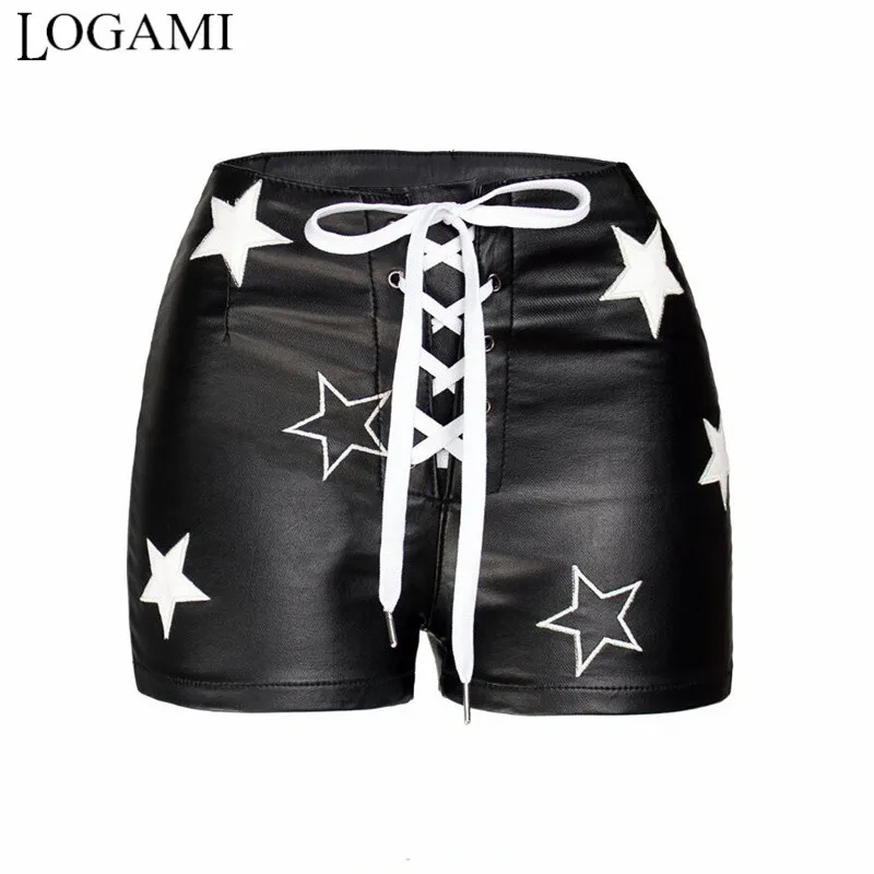 LOGAMI/шорты из искусственной кожи с принтом со звездами и шнуровкой; женские осенние теплые сексуальные шорты; Цвет Черный; 3XL 4XL; большие размеры