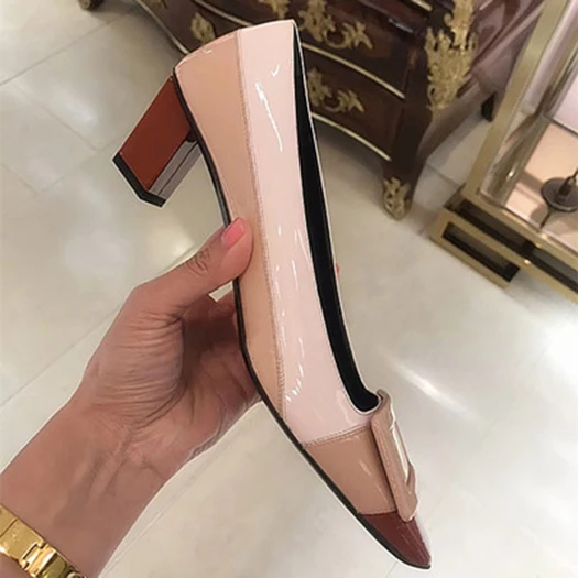 nude red Туфли-лодочки; модель года; обувь из разноцветной замши с квадратным носком на толстом среднем каблуке; обувь из лакированной кожи в винтажном стиле; женская офисная обувь; цвет винный, красный, телесный - Цвет: nude red