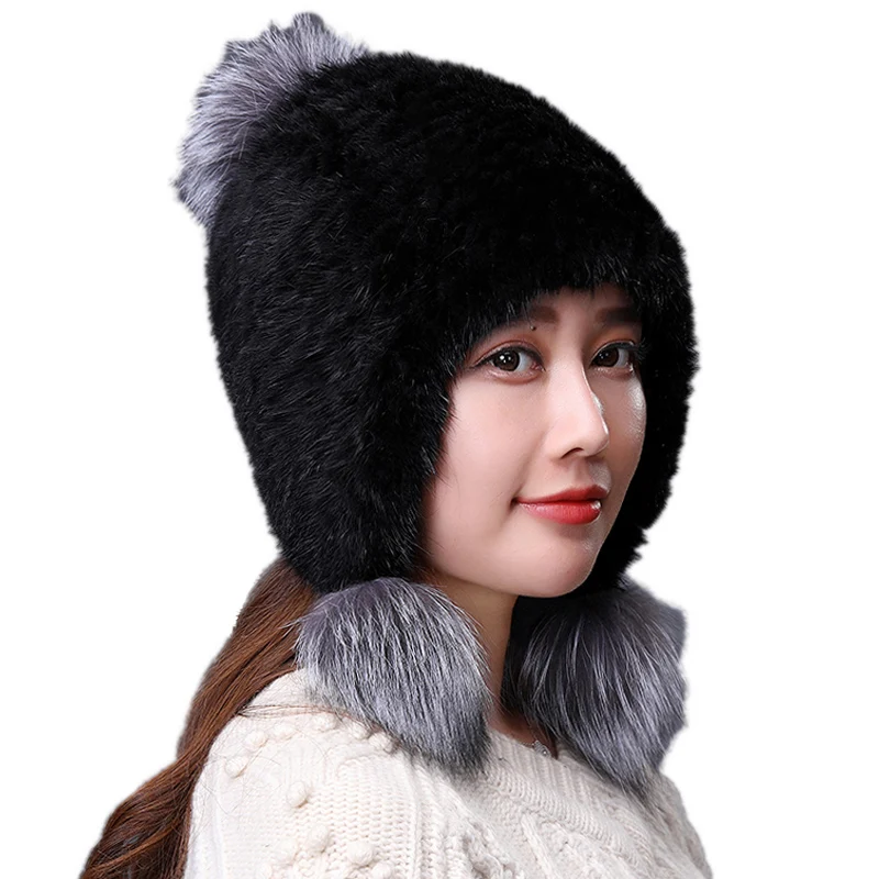 Black Real Mink Fur Hat For Women Winter Warm Christmas Earmuffs Cap With Fox Fur Pom Pom - Цвет: Black