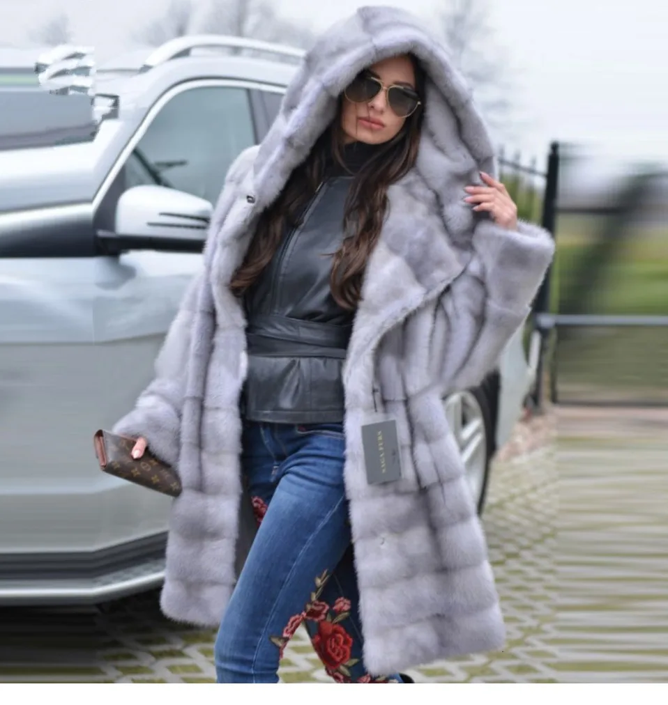 TOPFUR Winter Real Mink Fur Coat Women Natural Mink Fur Medium Coats With Belt Thick Warm Full Sleeves Coats With Fur Hood
