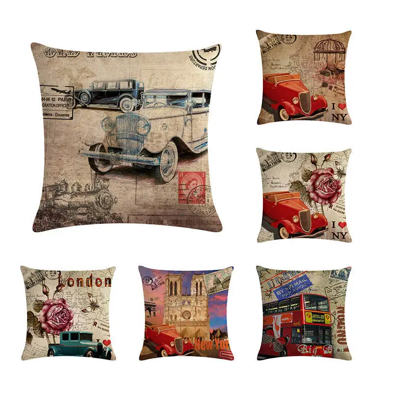

Wine Retro Vehicle Pillow Cover Automobile Travel English Letter Pillow Cover Sofa London Paris Becky Pillow Cover ZY355