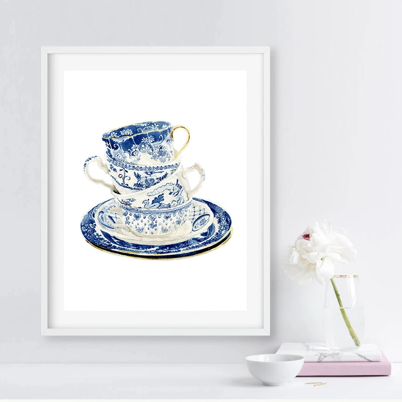 Vintage-Tea-Cups-Watercolor-Art-Prints-Blue-White-Willow-Tea-Cup-China-Art-Canvas-Painting-Wall (2)