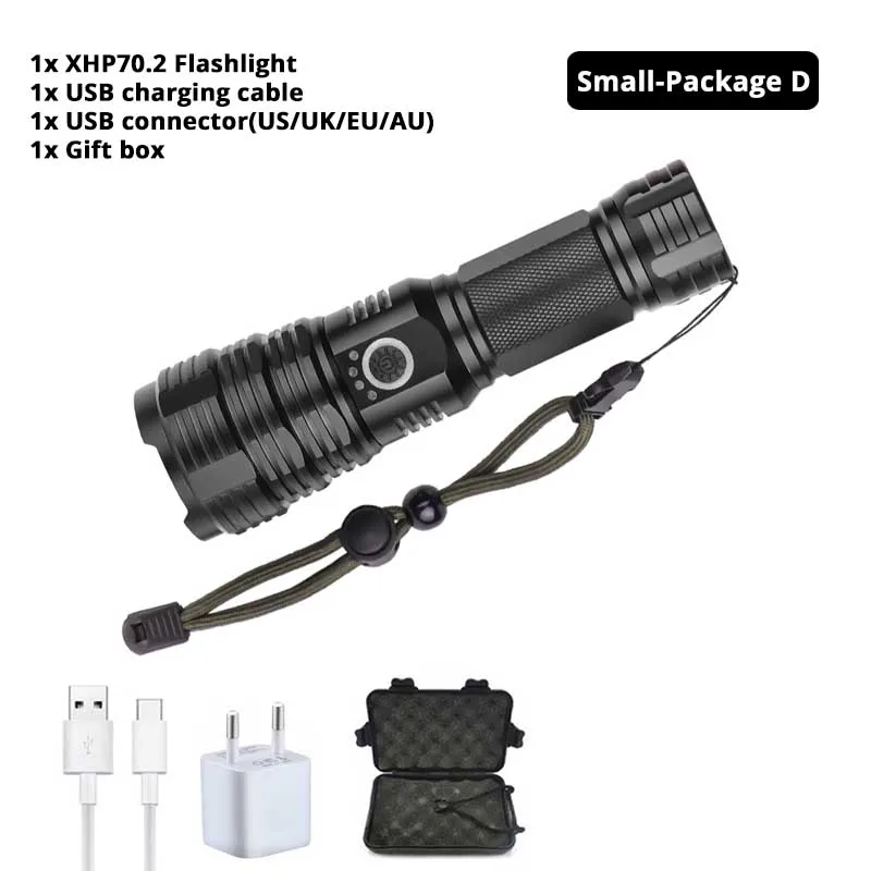 Small-Package D Мощный светодиодный светильник XHP70.2 с зарядкой от USB, водонепроницаемый тактический фонарь с дисплеем мощности, телескопический зум, уличный светильник - Испускаемый цвет: Small-Package D