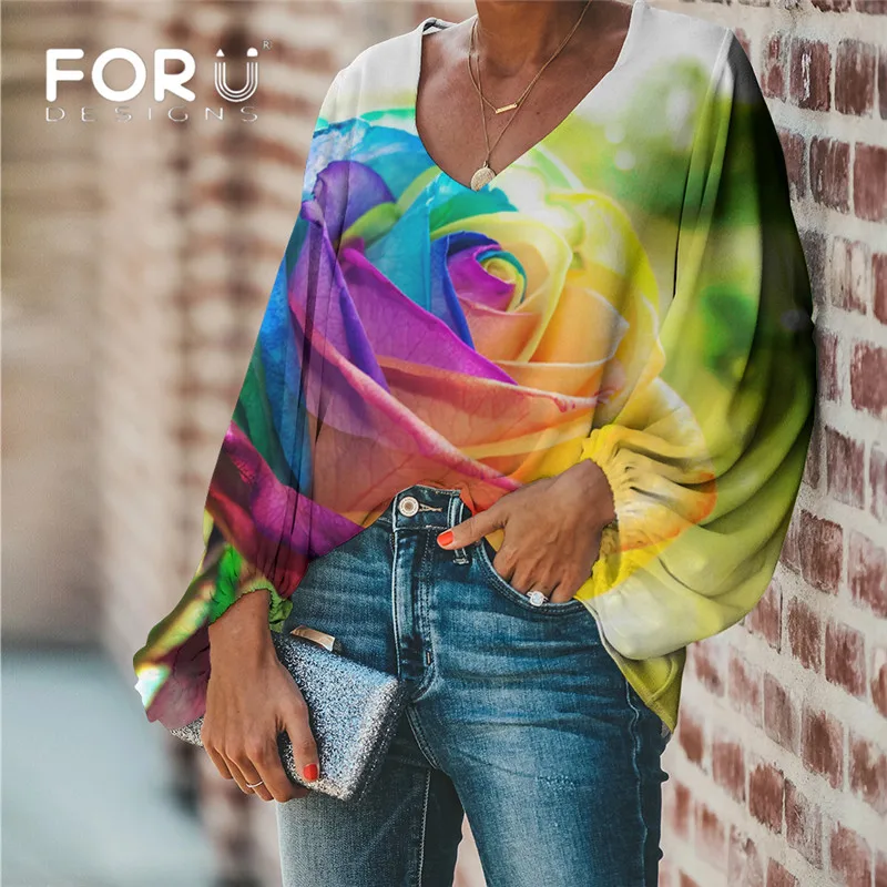 

FORUDESIGNS Colorful Flower Rose Printing Ladies Blouse Casual Loose Long Sleeve Women Tops and Blouse Plus Size Shirt Clothing