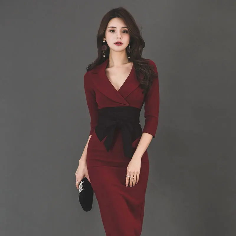 

WOMEN'S Dress 2019 Autumn New Style Debutante Elegant-Style Mixed Colors Bow Slimming Waist Hugging Dress Women's