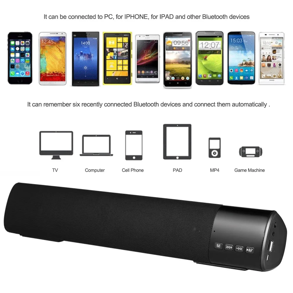

Wireless Bluetooth Speaker Stereo Music Player Soundbar FM Radio TF Card Slot Hands-free LED Display U Disk AUX-IN Black