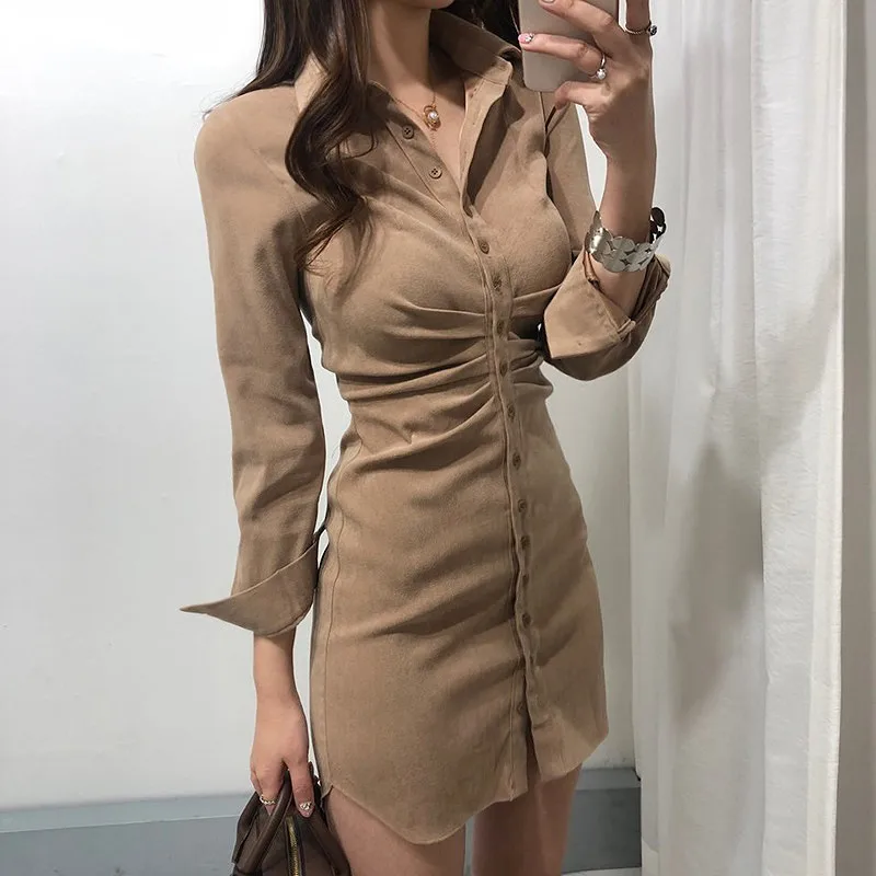 

2020 New Winter Slim-Fit Feminine Shirt Dress-Long-Sleeve Velvet Package Hip Skirt Women's