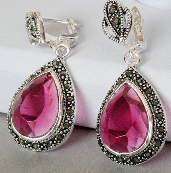Hot sell Noble- hot sell new - Genuine 925 Silver Faceted pink Crystal Marcasite Waterdrop Earring 1 1/2