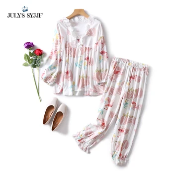 

JULY'S SYJJF New Flamingo Cotton Pajamas Set Spring Pyjama Sweet Cute Pink Girl 2 Pieces Long leeves Suit Women Sleepwear