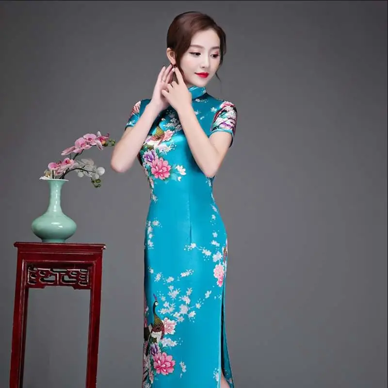 Cheongsam qipao новые женские Искусственные шелковые cheongsam женские сексуальные длинное Ципао китайское банкетное платье большого размера 6XL - Цвет: lake blue
