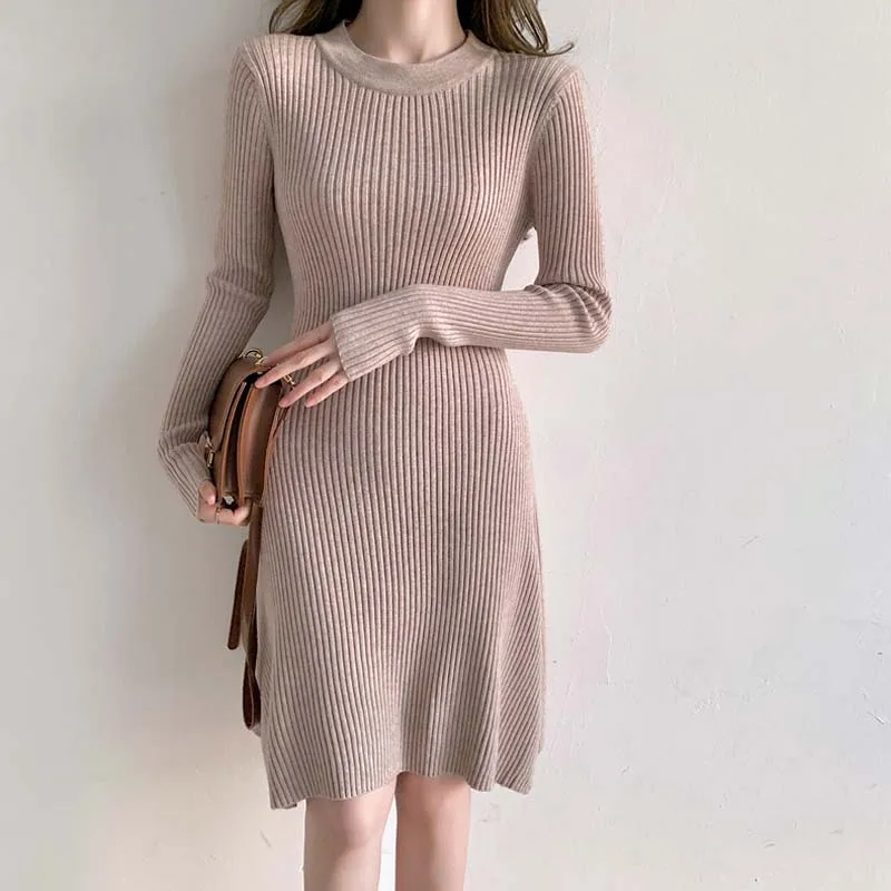 

One-Piece 2020 New Women Autumn Winter French Elegant Long Sleeve A-Line Knitted Dress Korean Simple O Neck Sweater Mini Dresses