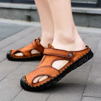 

Fashion Classic Hollow Breathable Men Sandals High Quality Summer Soft Comfortable Slippers High Quality Leather Big Size 38-48