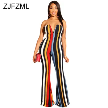 

Colorful Vertical Striped Bandage Jumpsuit Women V Neck Backless Flare Pant Bodysuit Summer Off Shoulder Sleeveless Party Romper