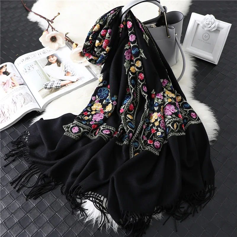 

2019 Women's Winter Scarf Embroidery Cashmere Scarves Shawl Soft Wool Pashmina for Ladies Warm Female Poncho Hijabs Stoles