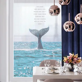 

Custom Glass window Film Static frosted sticker foil stickers for bathroom Kitchen Sliding door Whale Tail Ocean Seas Posters