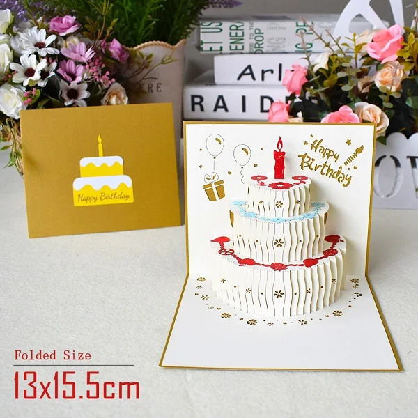 Birthday cake Gold 3D всплывающие открытки на день рождения для девочек, детей, жены, мужей, торт на день рождения, открытки, открытки, подарки, открытки с конвертом, наклейки - Цвет: Birthday cake Gold