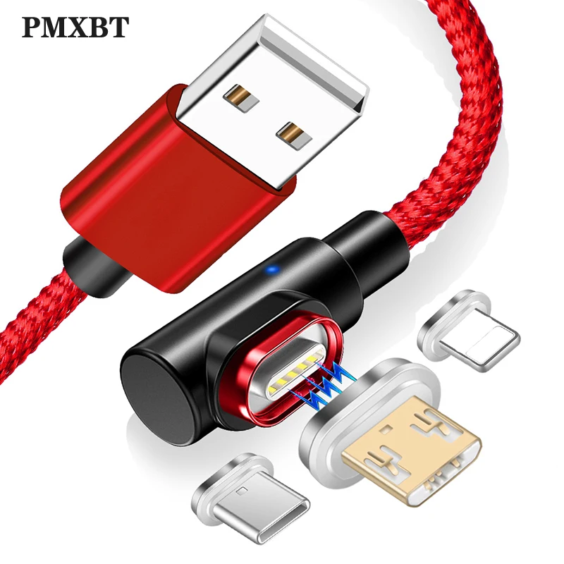 Магнитный кабель Micro USB Type C 90 градусов 3 А быстрая зарядка для iphone 8 Samsung S9 Huawei Android
