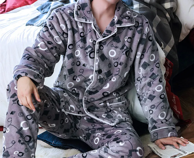 H5913 Молодежный пижамный комплект для мужчин, утолщенная фланелевая теплая одежда для сна, осенне-зимняя мужская одежда с длинными рукавами, большой размер, теплая домашняя одежда - Цвет: StyleI