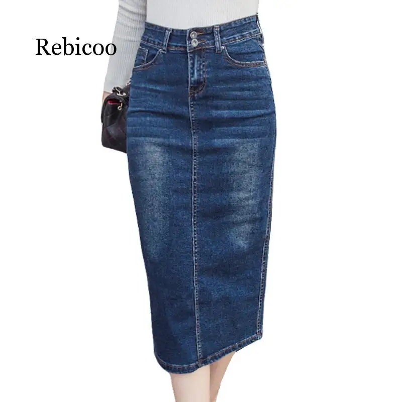 

long Denim Skirt Vintage Button High Waist Pencil Black Blue Slim Women Skirts Plus Size Ladies Office Sexy Jeans