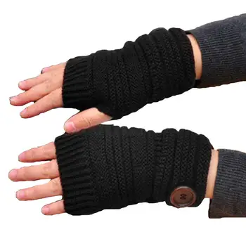 

Autumn Winter Women Solid Color Knitted Gloves Warm Fingerless Button Mittens