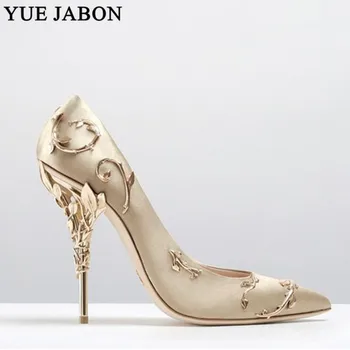 Gold Satin Silk Women'S Pumps Leaves Metal Heel Sexy High Heels Shoes Classics Fashion Party Pointed Toe Concise Wedding Shoes