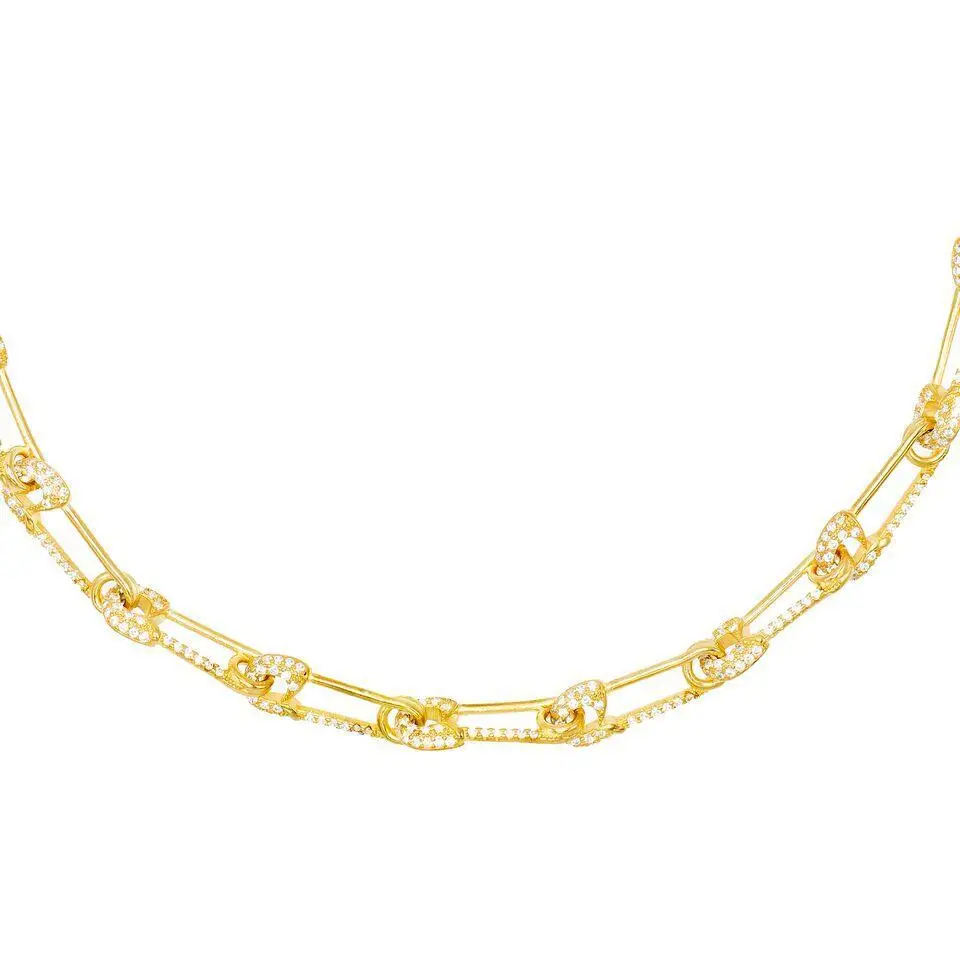 

LOZRUNVE Party Jewelry Full CZ Stones Safety Pin Link Charm Choker Necklace 925 Silver