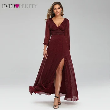 

Sexy Side Split Evening Dresses Ever Pretty EP00739BD A-Line Ruhced V-Neck Long Sleeve Sparkle Formal Gowns Sukienki Damskie
