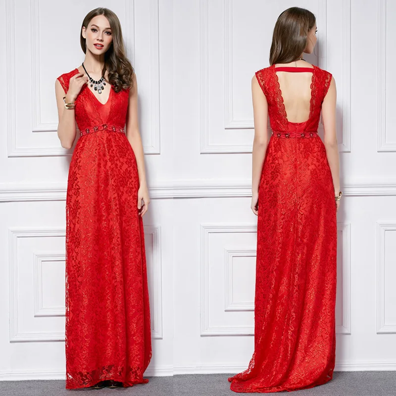 

Ck442 New Style Sexy Elegant Slim Fit Deep-V Fishtail Red Lace Long Fashion Evening Dress Dress Women's