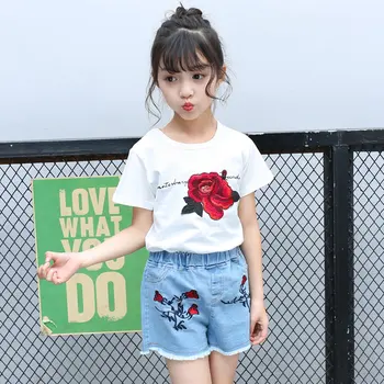 

Girls Suits 2020 Summer Style Kids Beautiful Floral Flower T Shirt and Jeans Shorts Children O-neck Clothing Set 2Pcs Clothes