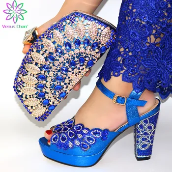 

Blue Color Latest African Summer Sandals Shoes And Bag To Match Set For Party Fashion Rhinestone Pumps Shoes And Bag Set