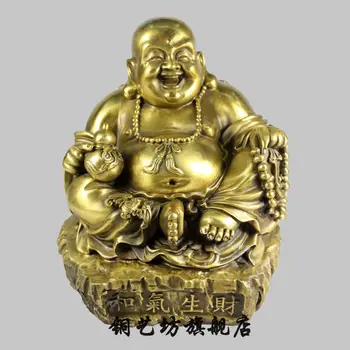 

mei 10" China Bronze Buddhism Happy Maitreya Buddha Sit Hand Hold Gourd Statue