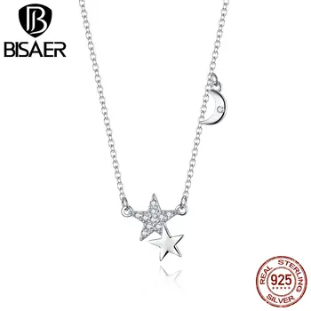 

BISAER Necklace 925 Sterling Silver Brilliant Stars 45cm Long Chain Link Adjustable Moon Women Luxury Jewelry Gift GXN404