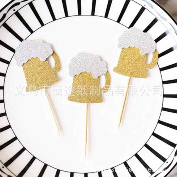 

Creative Flash Gold Beer Steins Cake Inserting Card Theme Party Dessert Table Decoration Paper Cake Flag Wholesale