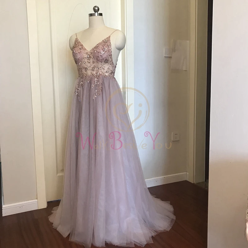 light pink beaded prom dress