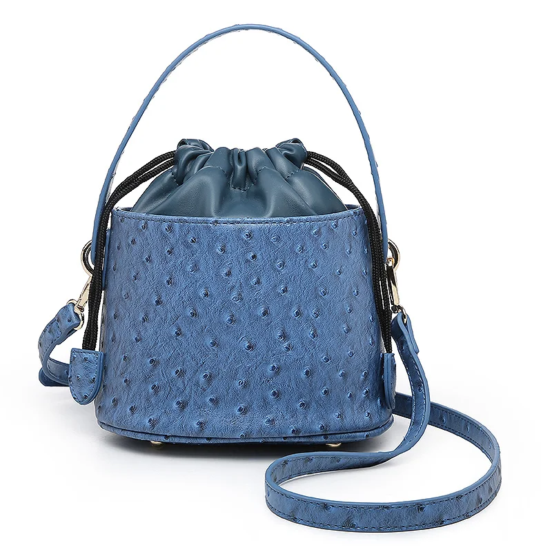 Fashion Blue Ostrich Leather Bucket Bags For Women Small Shoulder Messenger Bag Sexy Snake Cute Tote Purse