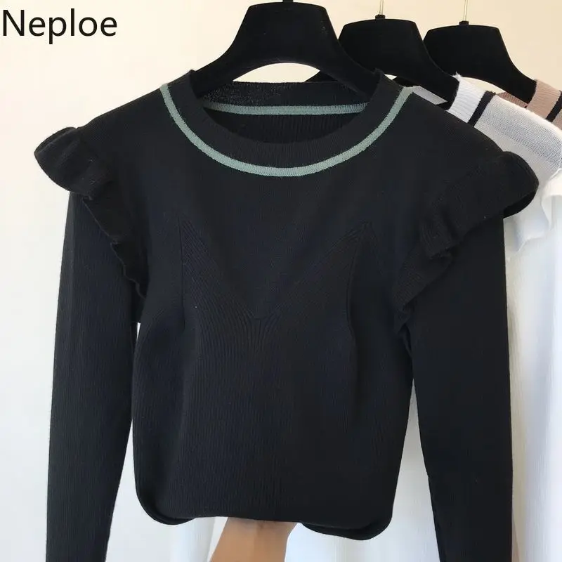 Neploe Ins/элегантный трикотажный женский свитер с О-образным вырезом, с оборками, приталенный, с налокотниками, в стиле кэжуал, кружевной контрастный цвет, свитер, пуловер, тонкий, 46829