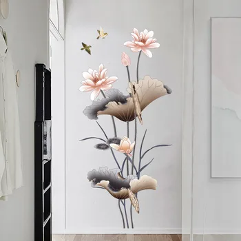 

Chinese Style Lotus Flower Wallpaper Self-adhesive Living Room Decor Sofa Background Decoration Wall Stickers